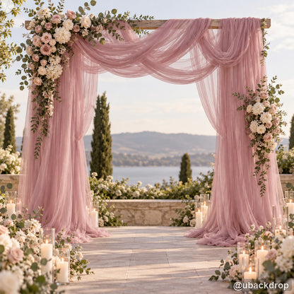 Blush pink drapery wedding party stand lakeside ceremony backdrop