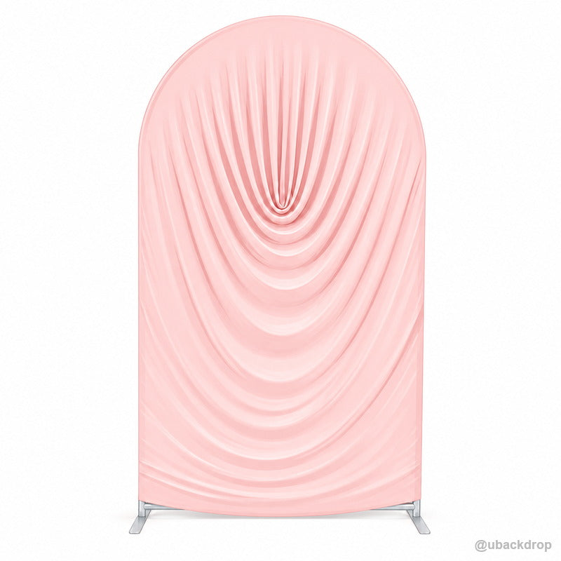 Blush pink ruched fabric arch party stand front product display