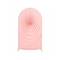 Blush pink ruched fabric arch party stand front product display