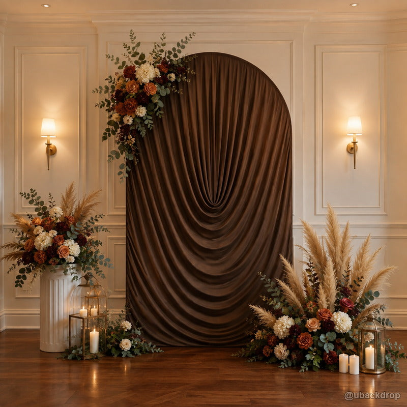 Brown ruched fabric arch autumn floral wedding party backdrop