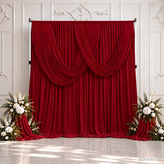 Burgundy double swag party curtain backdrop with stand and flowers 8x10ft