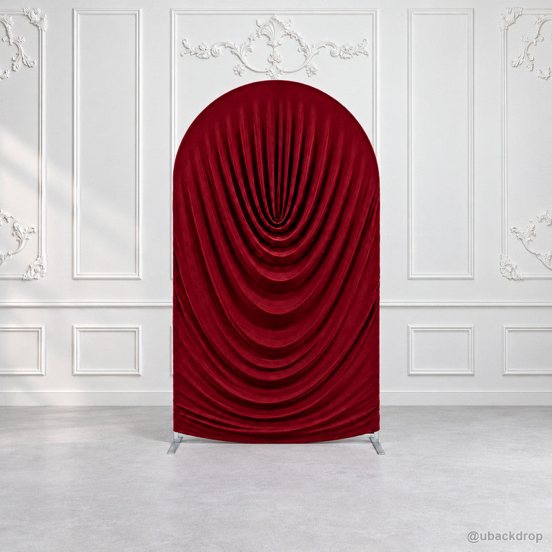 Burgundy red cowl draped chiara arch backdrop ornate wall scene