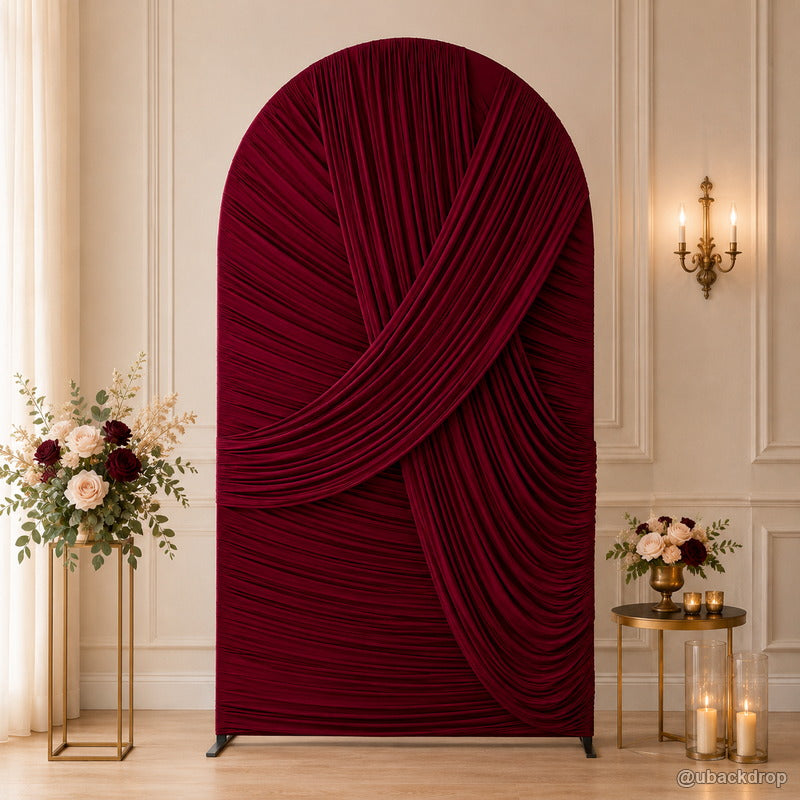 Burgundy ruched fabric arch elegant wedding party stand backdrop