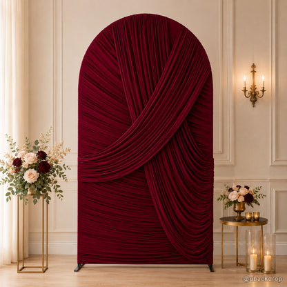 Burgundy ruched fabric arch elegant wedding party stand backdrop