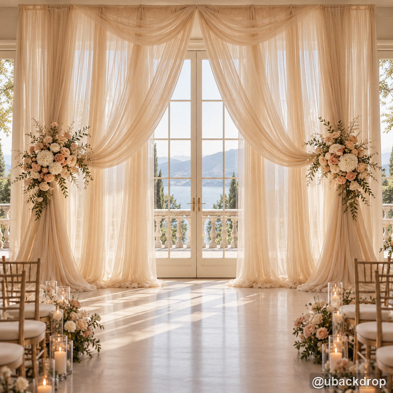 Champagne curtain drapery wedding party stand elegant indoor backdrop