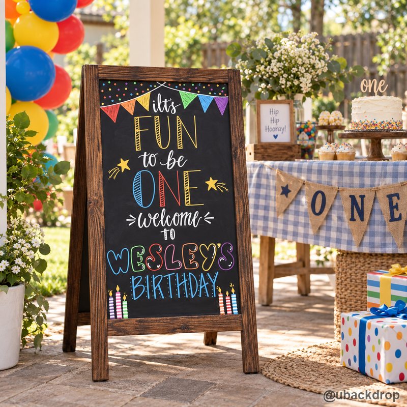 Colorful birthday chalkboard welcome sign outdoor party decoration