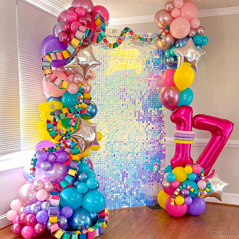 Colorful candy balloon shimmer wall seventeenth birthday party backdrop