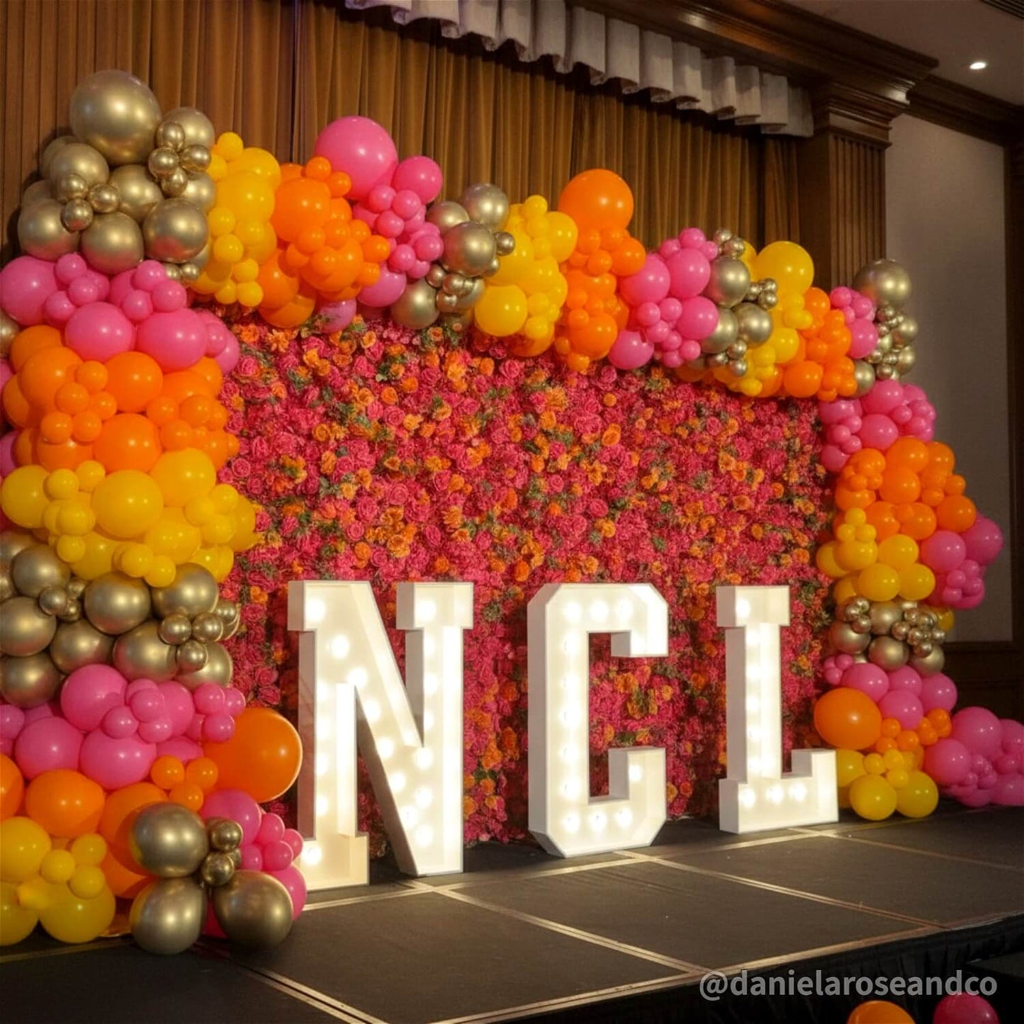 Vibrant Hot Pink and Orange Rose Flower Wall Backdrop for Weddings & Events-ubackdrop