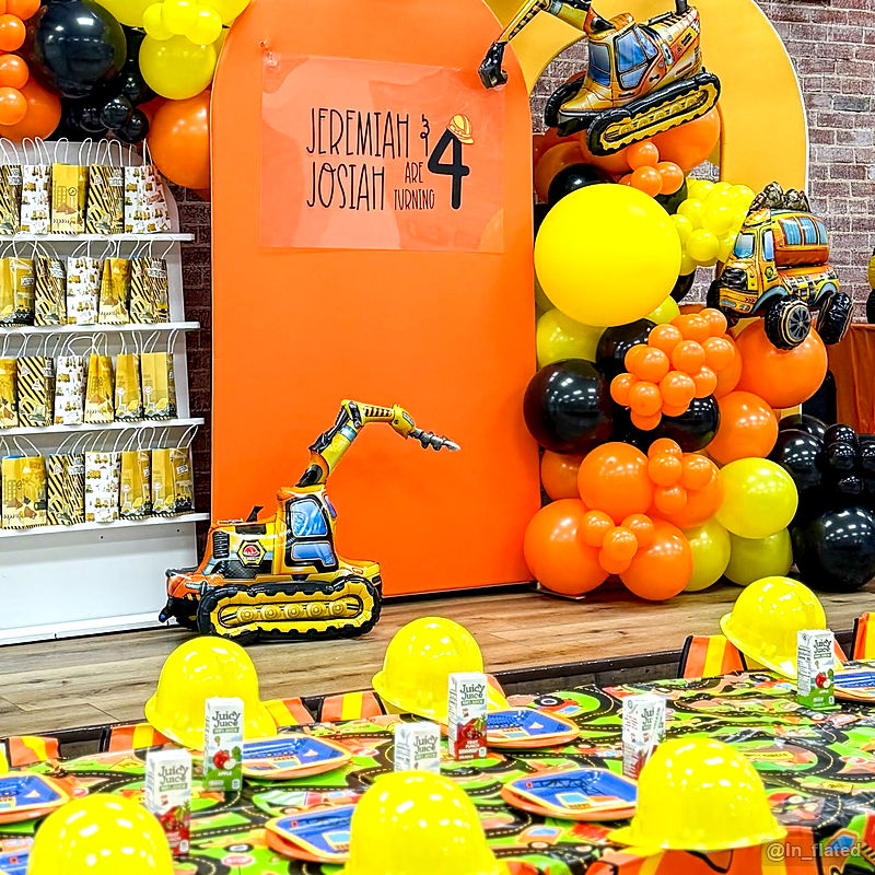 Construction truck orange balloon party stand birthday backdrop display