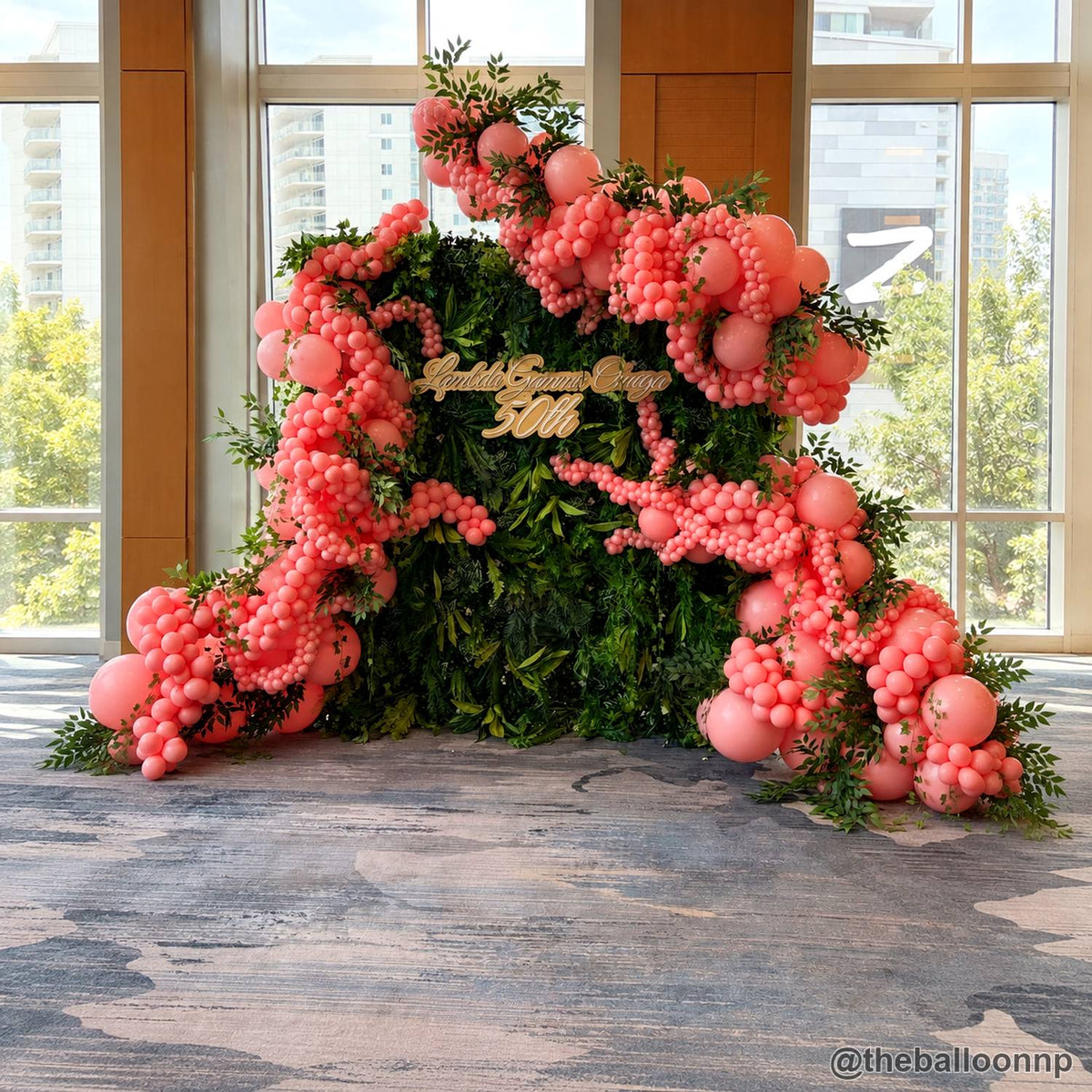 Coral pink balloon green flower wall birthday backdrop