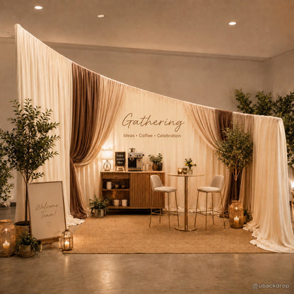 Cream brown curved drapery party stand cafe event backdrop