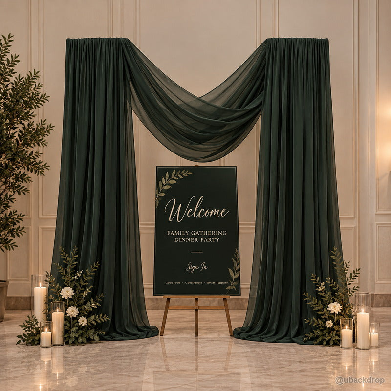 Dark green drapery frame party stand welcome event backdrop