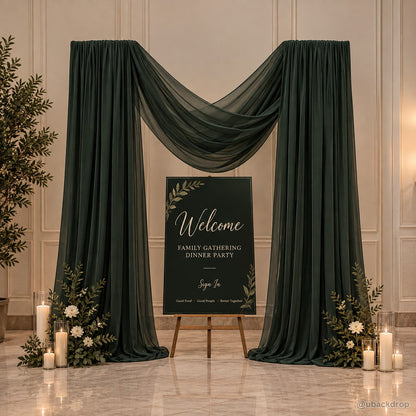 Dark green drapery frame party stand welcome event backdrop
