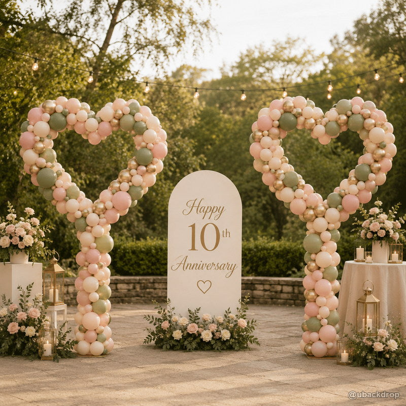 Double heart balloon party stand tenth anniversary event backdrop