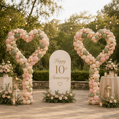 Double heart balloon party stand tenth anniversary event backdrop