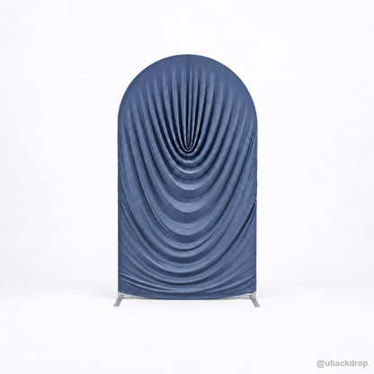 Dusty blue cowl draped arch backdrop cover front product view