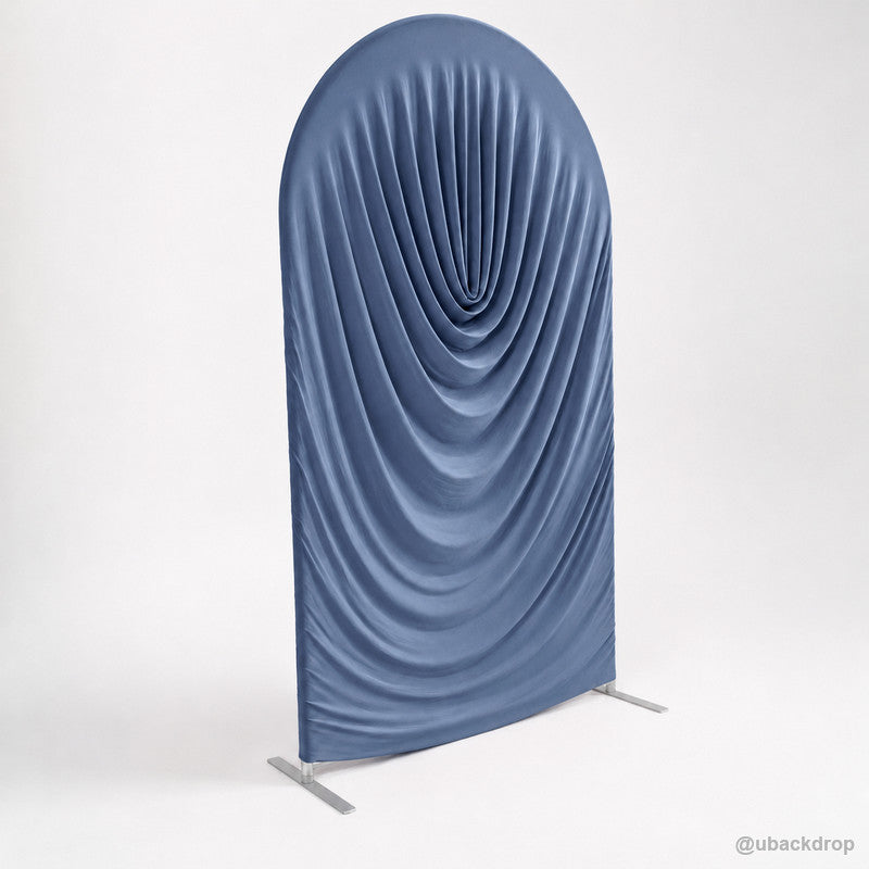 Dusty blue cowl draped arch backdrop cover left angled product view