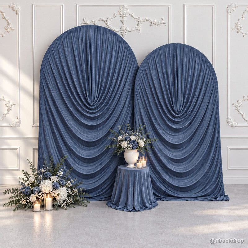 Dusty blue cowl draped fabric double arch wedding backdrop