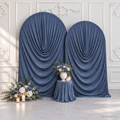 Dusty blue cowl draped fabric double arch wedding backdrop