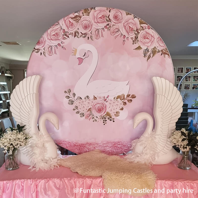 Swan Theme Birthday Party Girl Round Backdrop Cover-ubackdrop