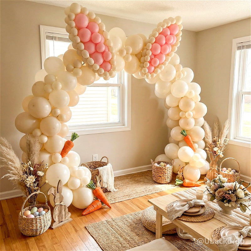 Large 10x8 ft aluminum arch frame adorned with cream balloons and pink bunny ears for an Easter party.
