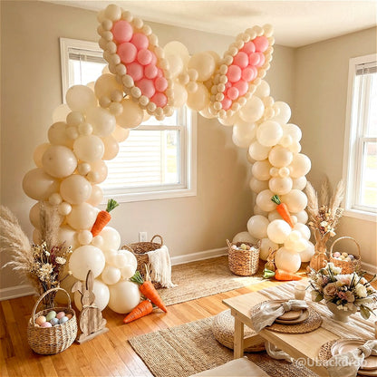 Large 10x8 ft aluminum arch frame adorned with cream balloons and pink bunny ears for an Easter party.