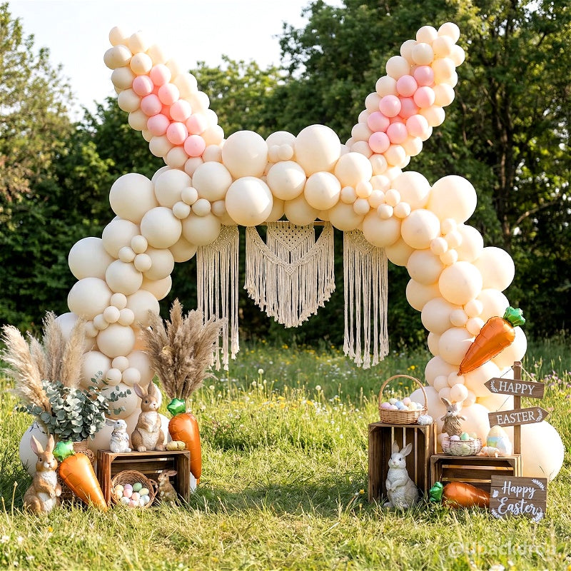 10x8 ft aluminum arch frame with cream and pink balloons forming a large bunny ear arch.