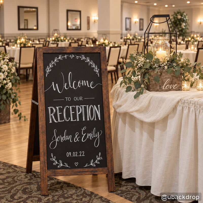 Elegant wedding reception chalkboard welcome sign indoor event display