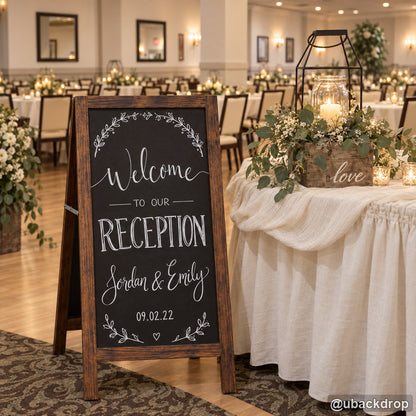 Elegant wedding reception chalkboard welcome sign indoor event display