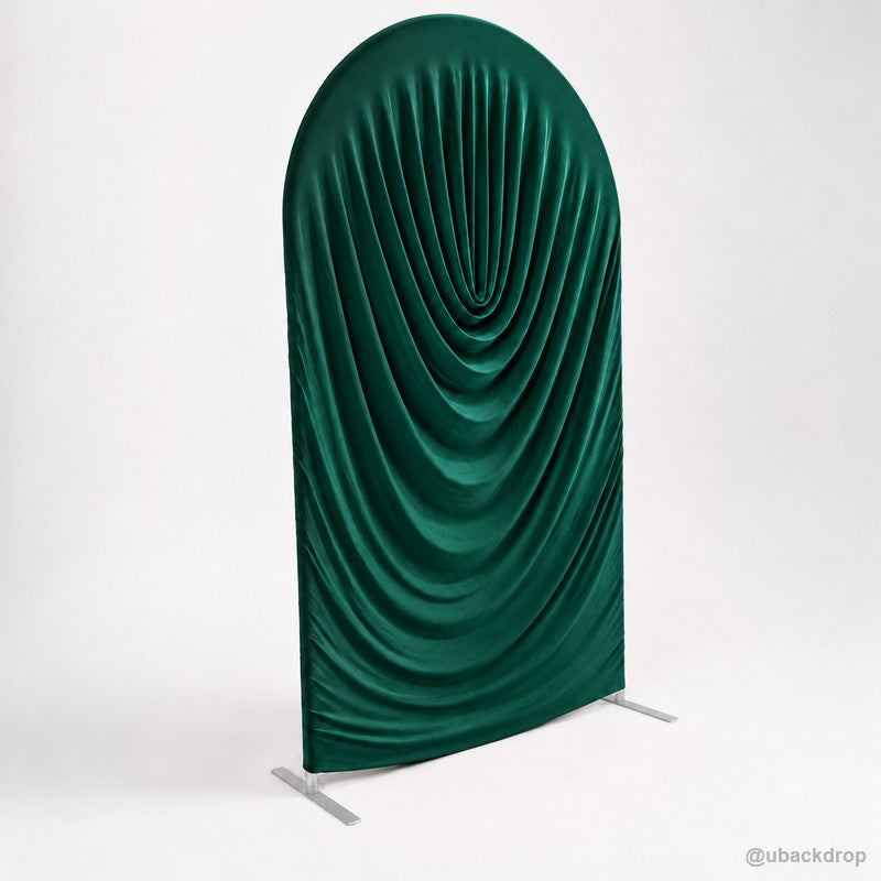 Emerald green cowl draped arch backdrop cover left angled product view