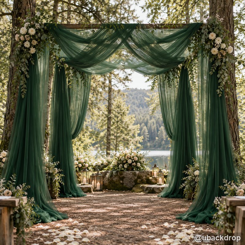 Emerald green drapery wedding party stand forest ceremony backdrop
