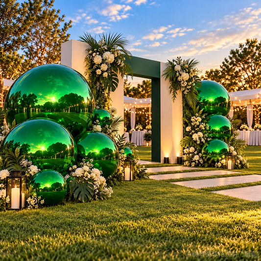 Emerald green mirror inflatable balls floral garden wedding entrance arch