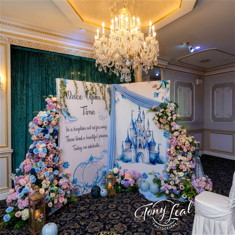 8x8ft open book frame stand for baby shower, featuring 'Once Upon a Time' text, blue castle, and lush floral decor in pink, blue, purple.