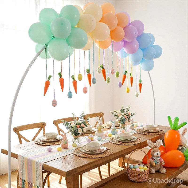 White 10x8 ft aluminum balloon arch frame, shown decorated with pastel balloons, carrots, and eggs for a festive event.