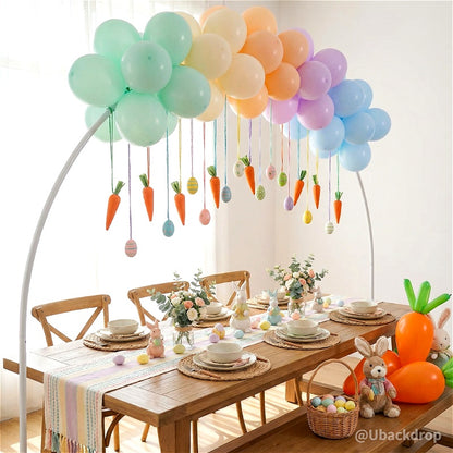 White 10x8 ft aluminum balloon arch frame, shown decorated with pastel balloons, carrots, and eggs for a festive event.