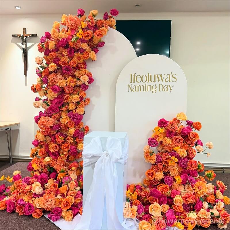 Pink Orange Roses Fabric Artificial Arch Flower Wall-ubackdrop