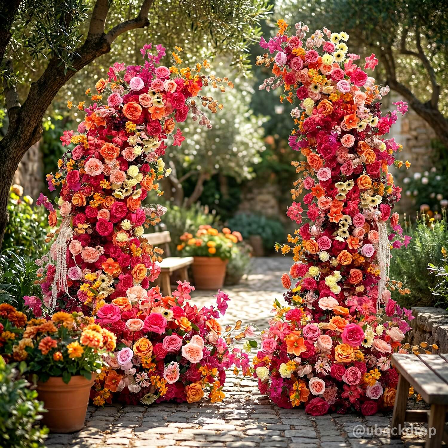 6+7FT Pink & Orange Horned Flower Arch Floral Backdrop for Colorful Party Decor-ubackdrop