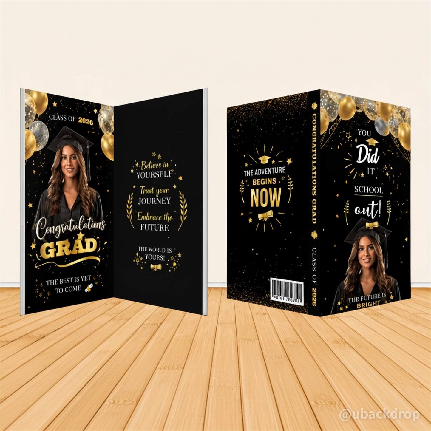 Class of 2026 Graduation Black and Gold Fabric Cover for Book-Shaped Frame Stand-ubackdrop