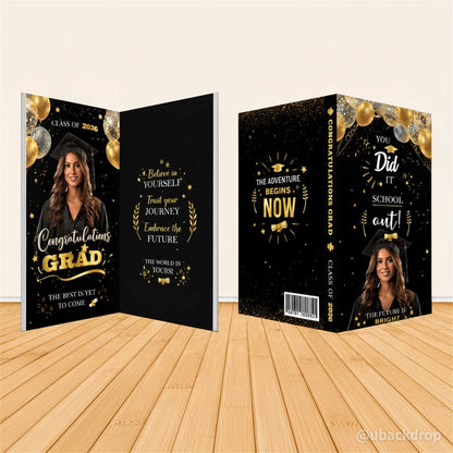 Class of 2026 Graduation Black and Gold Fabric Cover for Book-Shaped Frame Stand-ubackdrop