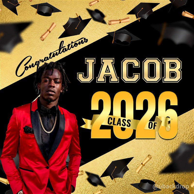 Black and Gold Class of 2026 Graduation Party Backdrop-ubackdrop