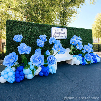 Green flower wall blue rose bench party backdrop