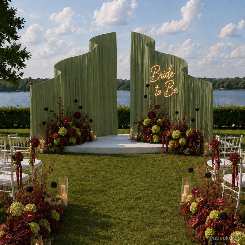 Green wavy curved bride to be wedding backdrop stand