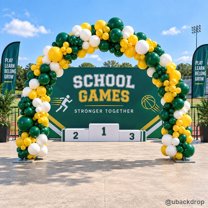 Green yellow school games balloon arch sports awards stage backdrop