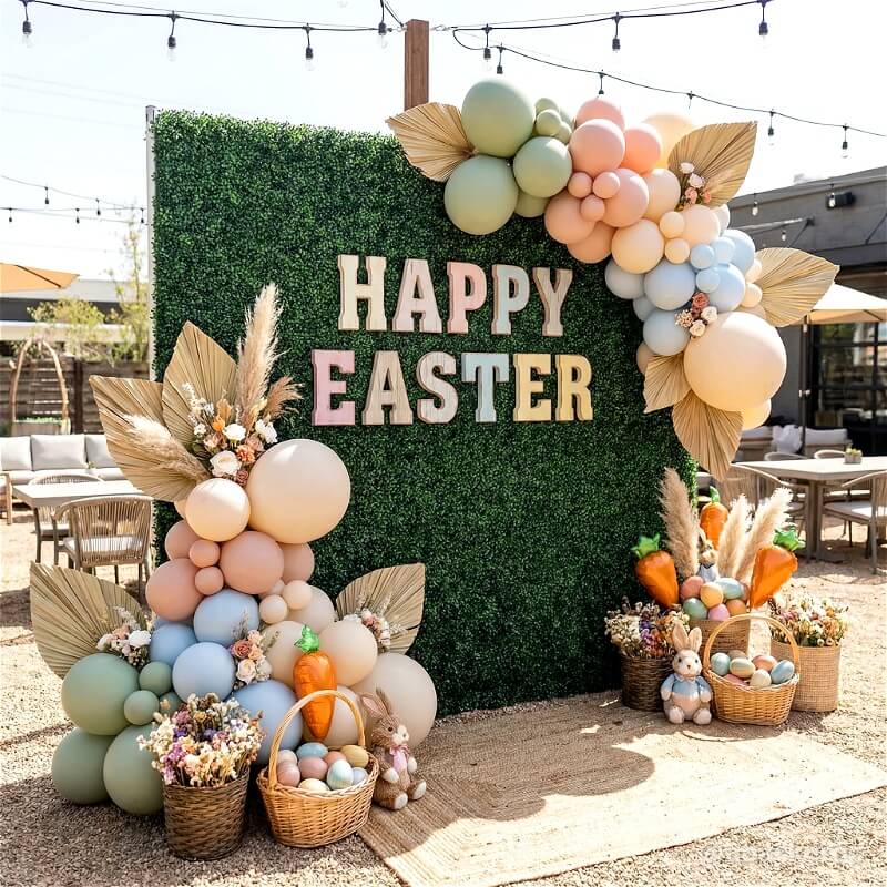 8x8ft green artificial hedge flower wall backdrop with pastel "HAPPY EASTER" letters, balloon garlands, and Easter baskets.