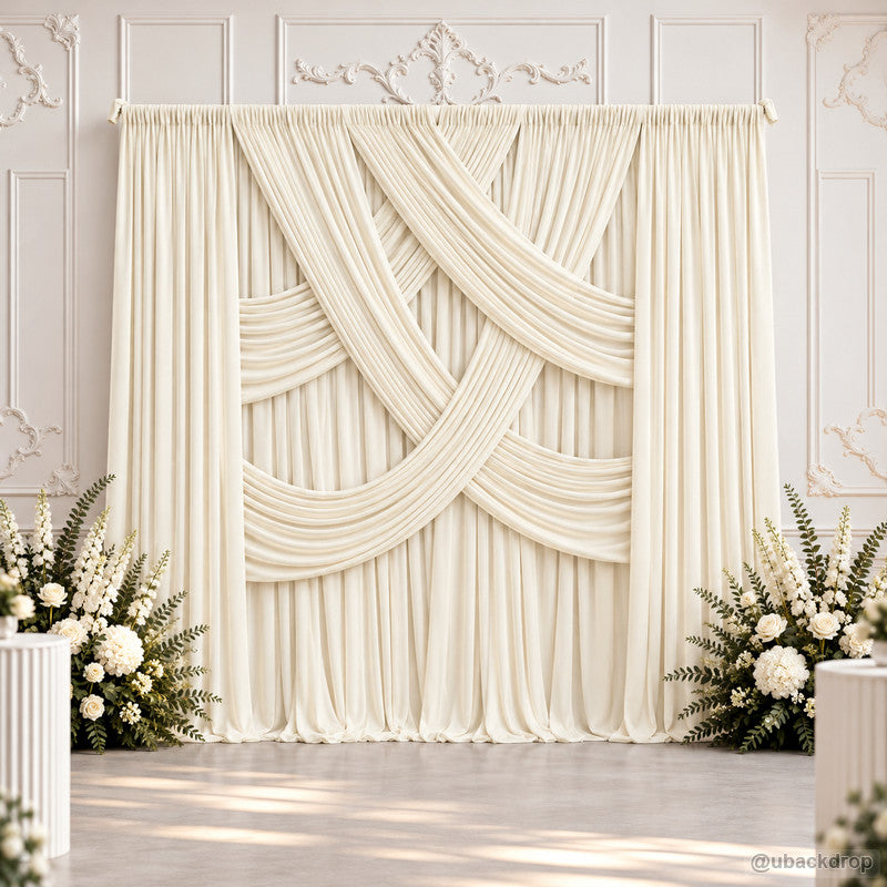 Ivory cross layered drape wedding backdrop with flowers