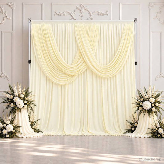Ivory double swag party curtain backdrop with stand and flowers 8x10ft