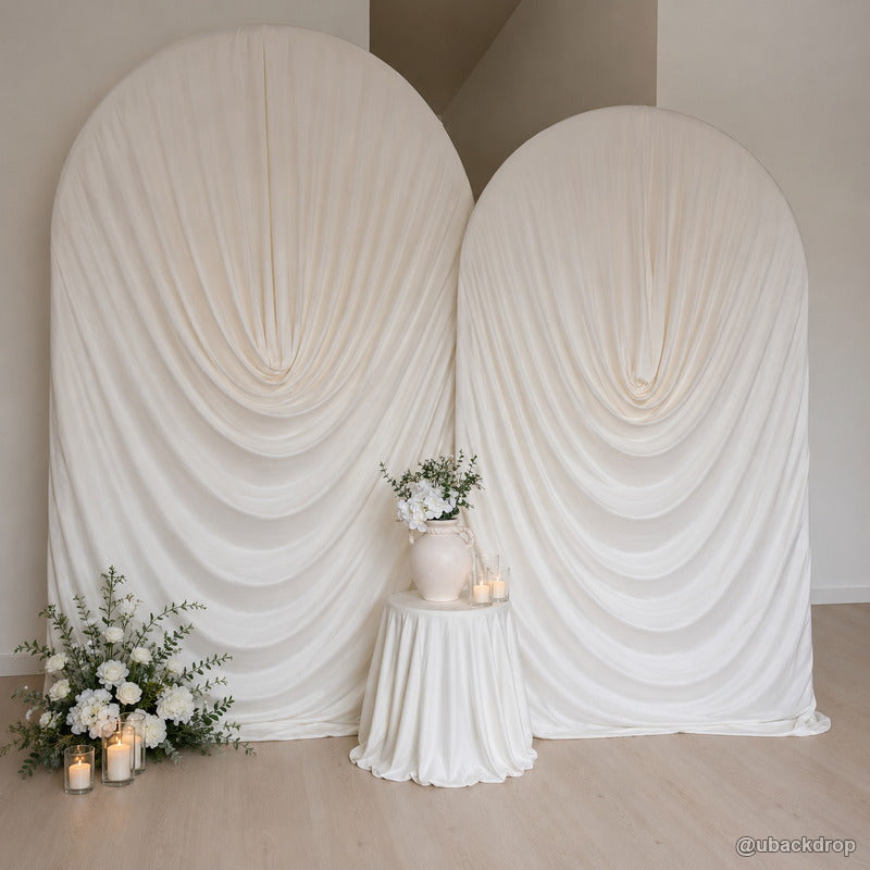 Ivory dual arch ruched fabric party stand wedding backdrop