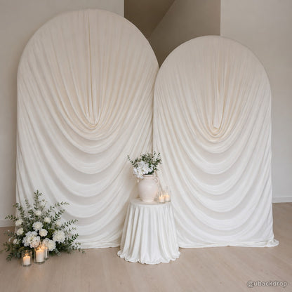 Ivory dual arch ruched fabric party stand wedding backdrop
