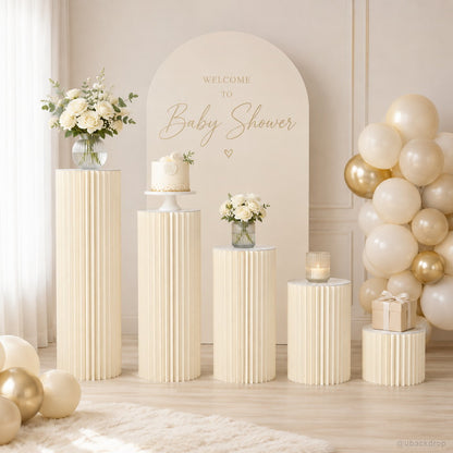 5PCS Paper Cylinder Pedestal Stand Set with Tulle Covers for Wedding & Party Decor