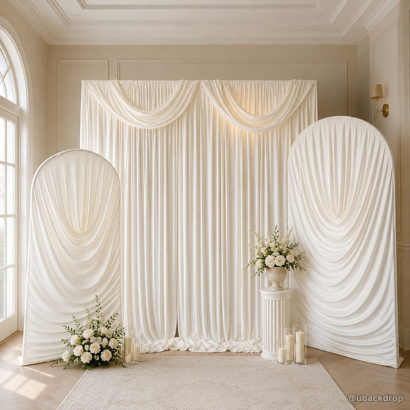 Ivory triple panel ruched fabric wedding party backdrop stand